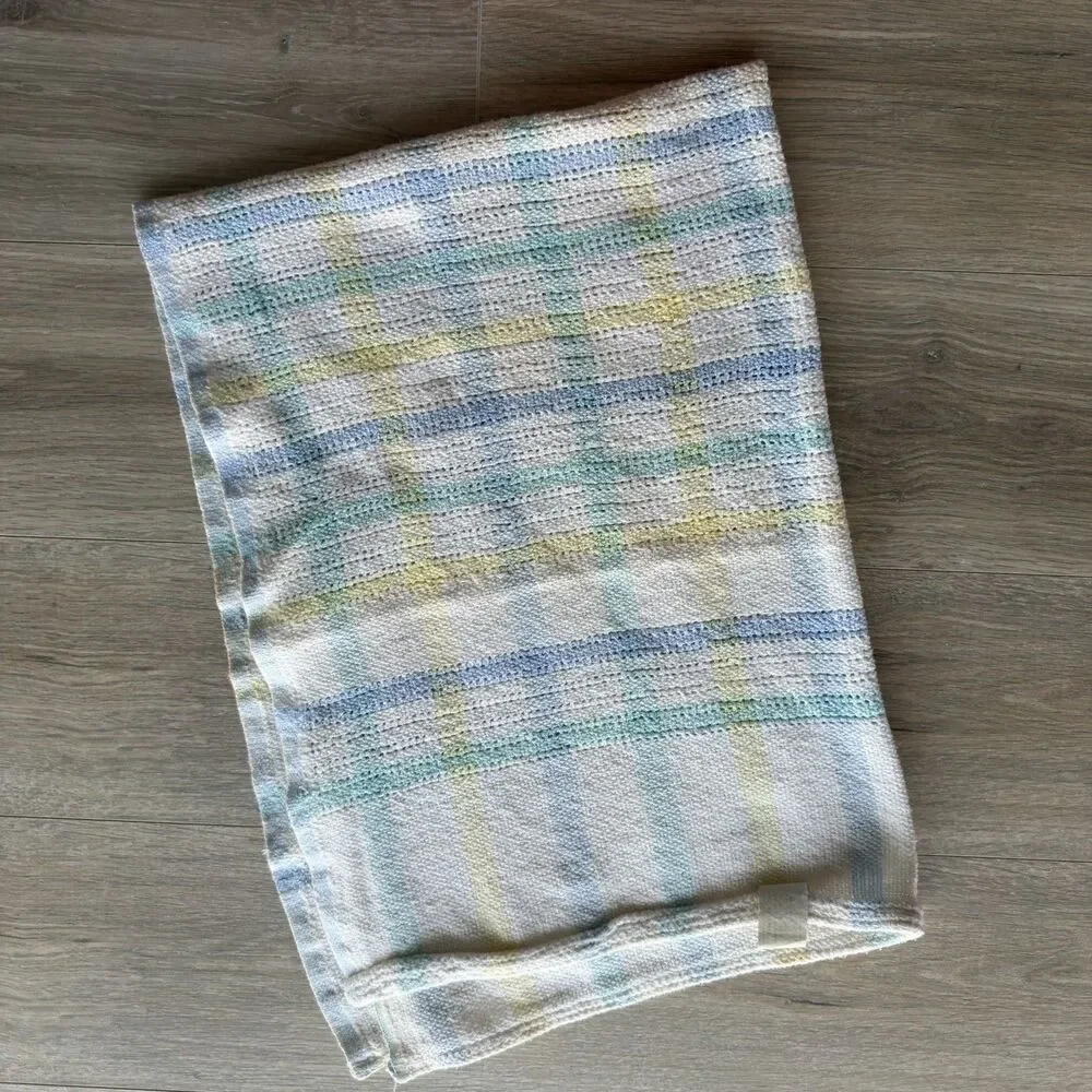 Beacon Vintage Baby Blanket Pastel Plaid Stripe Knit Waffle Weave USA 43” X 30”